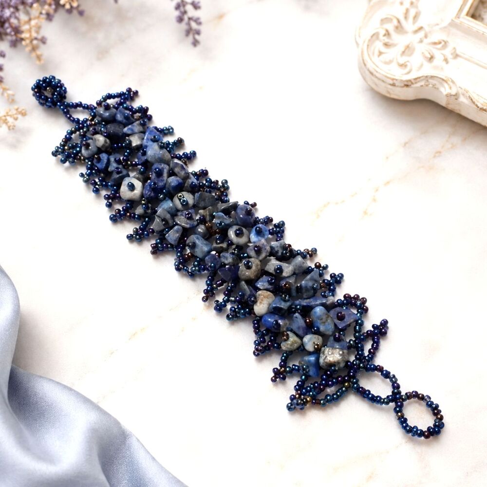 Vintage Woven Seed Bead & Sodalite Chip Bracelet Blue Beaded Boho Jewelry